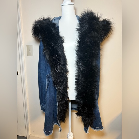 Denim Parka Jacket with Removable Faux Fur Trim Hood - Picture 6 of 6